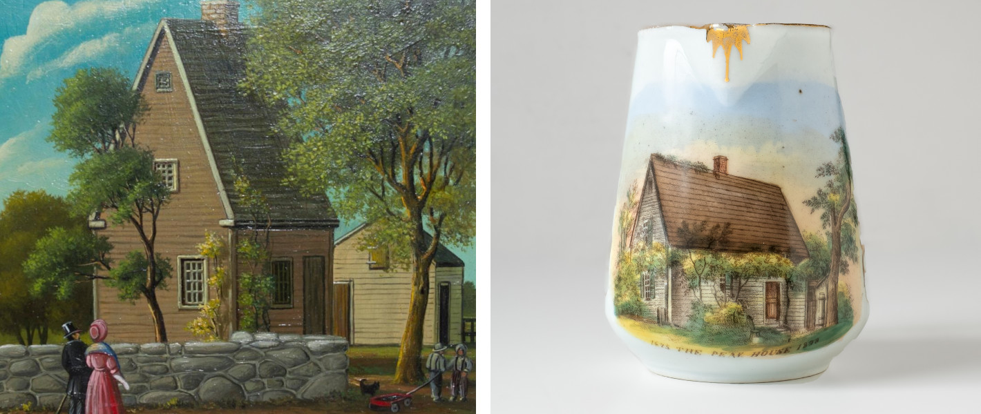 Image of painting with old house and man and woman walking, image of old cup with peak house image