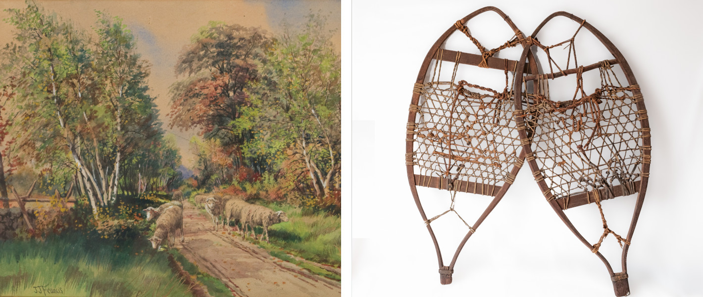 JJ Francis artwork with road, trees and sheep, image of snowshoes