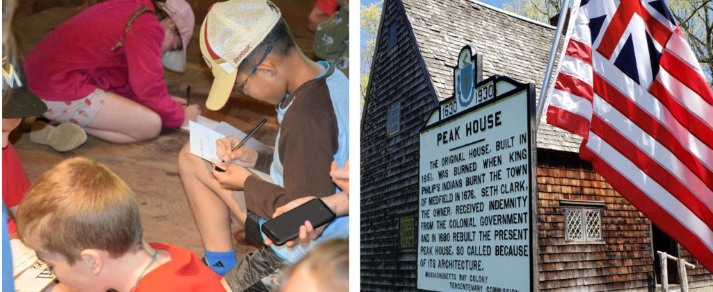 Image of children writing while sitting on floor, and image of peak house with flag in front