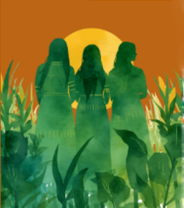Three Sisters Garden Logo with images of 3 women against sun