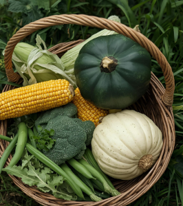 Basket filled with squash, corn and beans